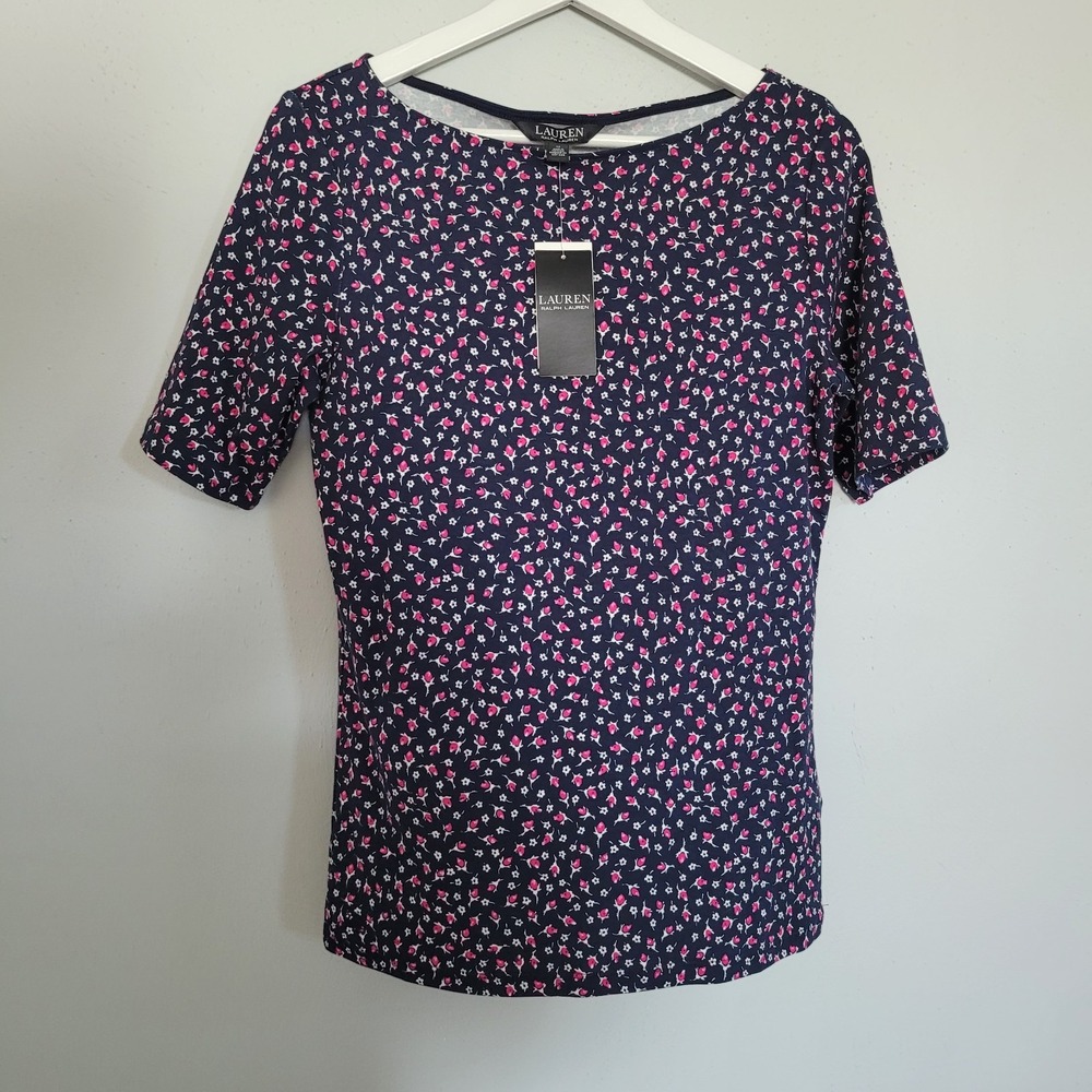 LAUREN Ralph Lauren Top Womens Size MEDIUM Navy Pink Floral Short Sleeve NEW